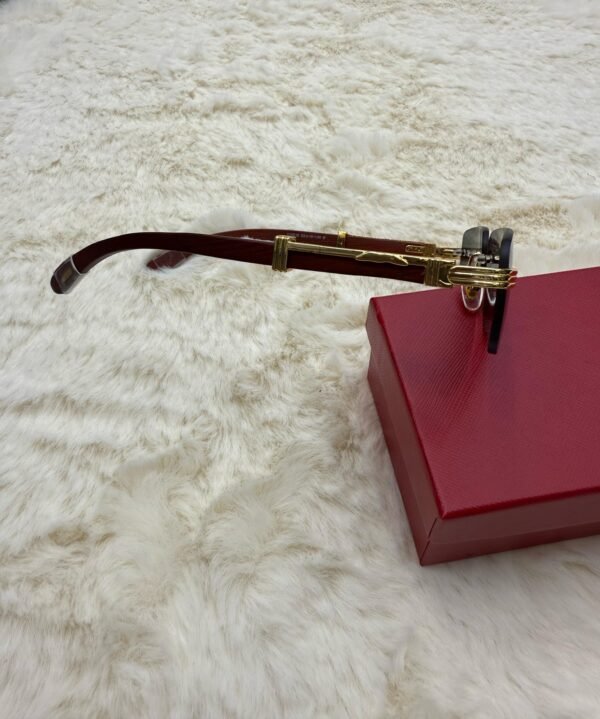 Cartier Zonnebril Donker Blauwe Glazen, Goude Houten Montuur - Image 4