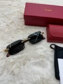 Cartier Zonnebril Donker Blauwe Glazen, Goude Houten Montuur