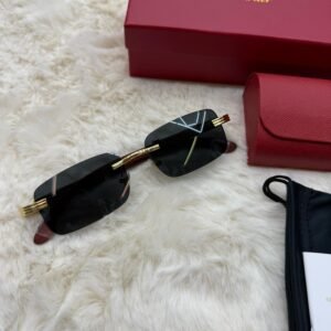 Cartier Zonnebril Donker Blauwe Glazen, Goude Houten Montuur