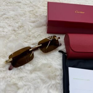 Cartier Zonnebril Bruine Glazen, Goude Houten Montuur