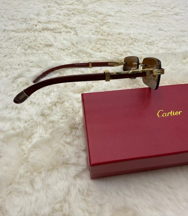 Cartier Zonnebril Bruine Glazen, Goude Houten Montuur - Image 3