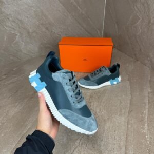 Hermes Bouncing Blue Grey Sneakers, Blue Logo