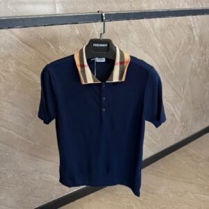 Burberry Check Collar Cotton Polo Shirt Dark Blue