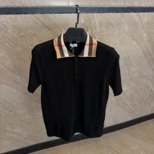 Burberry Check Collar Cotton Polo Shirt Black