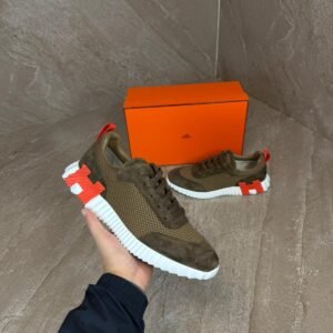 Hermes Bouncing Brown Sneakers, Orange Logo