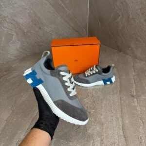 Hermes Bouncing Grey, Blue Logo Sneakers