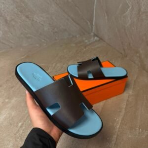 Hermes Izmir Suede Dark Brown / Blue Slippers